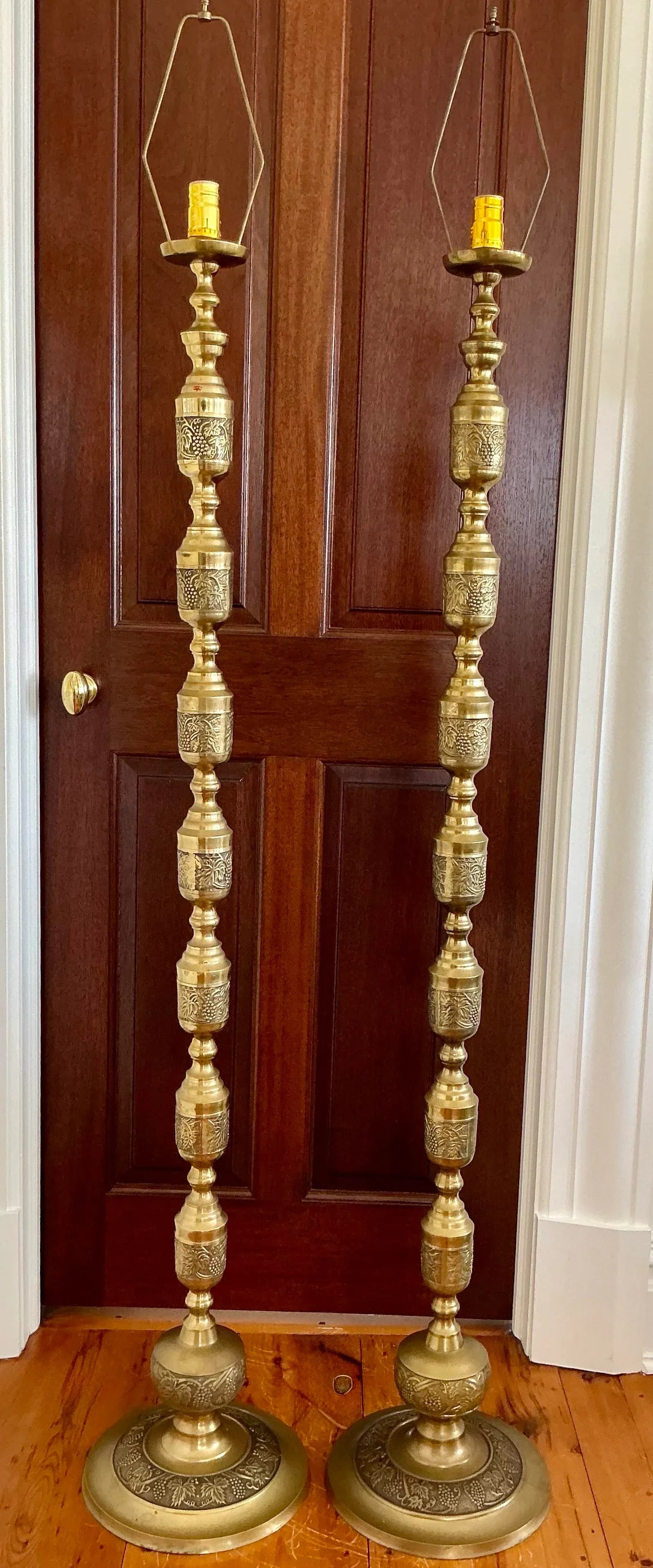 Pair of Japanese Mid-Century Brass Floor Lamps Embossed With Middle Eastern Motifs - 2