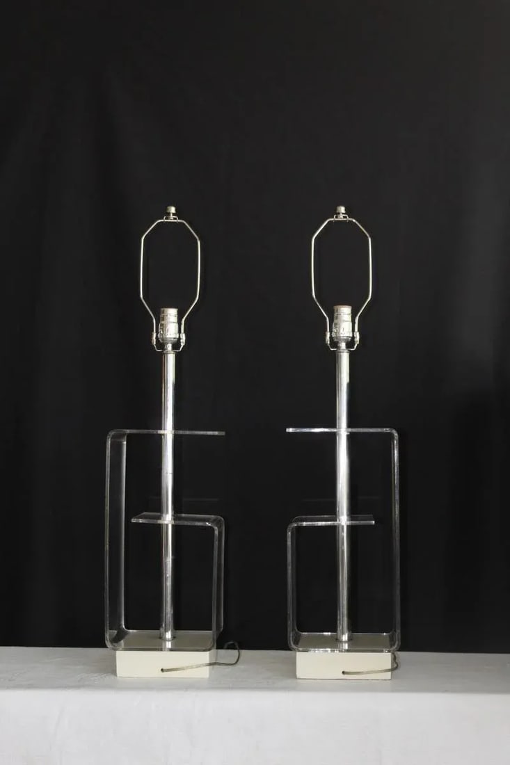 Geometric Clear Lucite Table Lamps - a Pair - 4