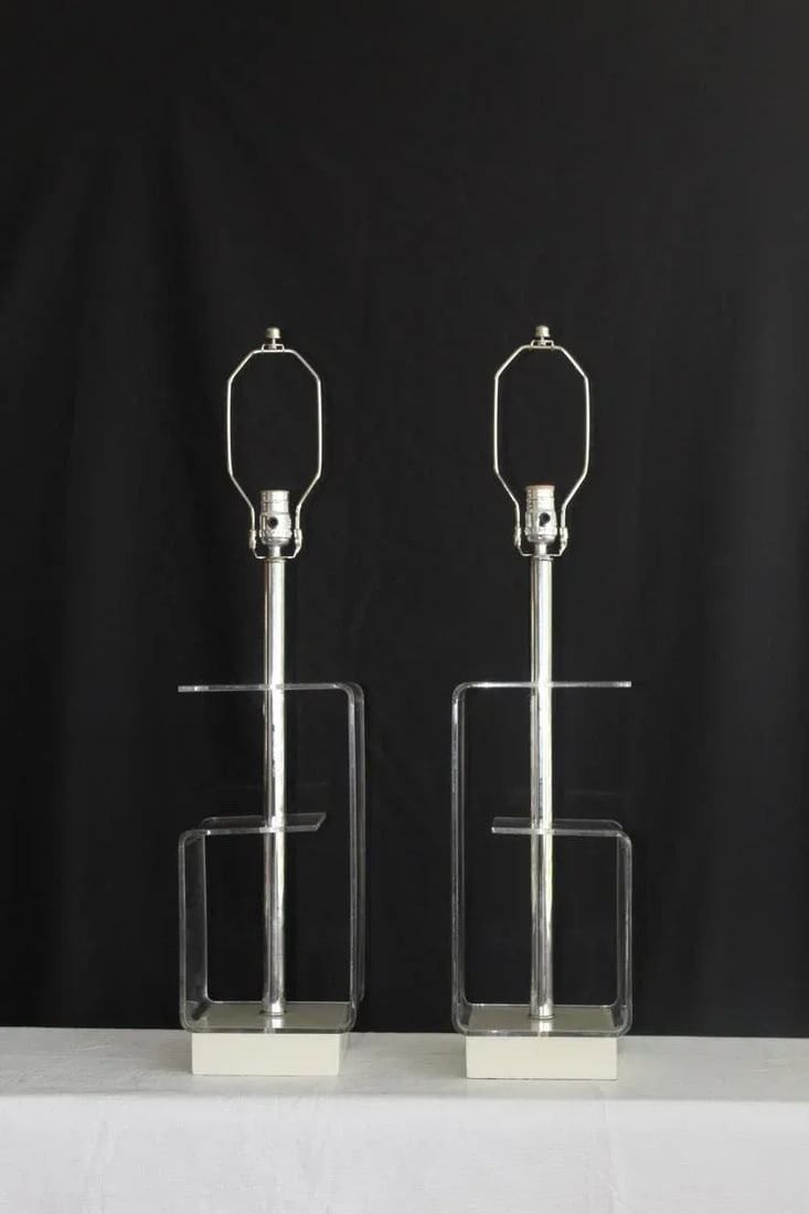 Geometric Clear Lucite Table Lamps - a Pair - 7