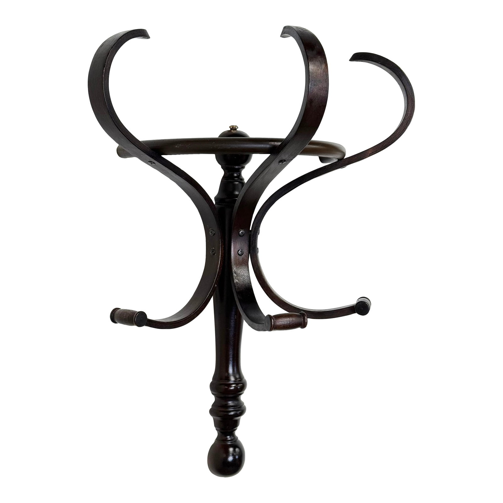 Vintage Bentwood Thonet Style Coat Hat Wall Hook: Vintage bentwood Thonet style wood coat and hat rack wall hook. Features six hooks in total, three upper and three lower. Mounts to wall without stand. Classic and versatile style that suits a number