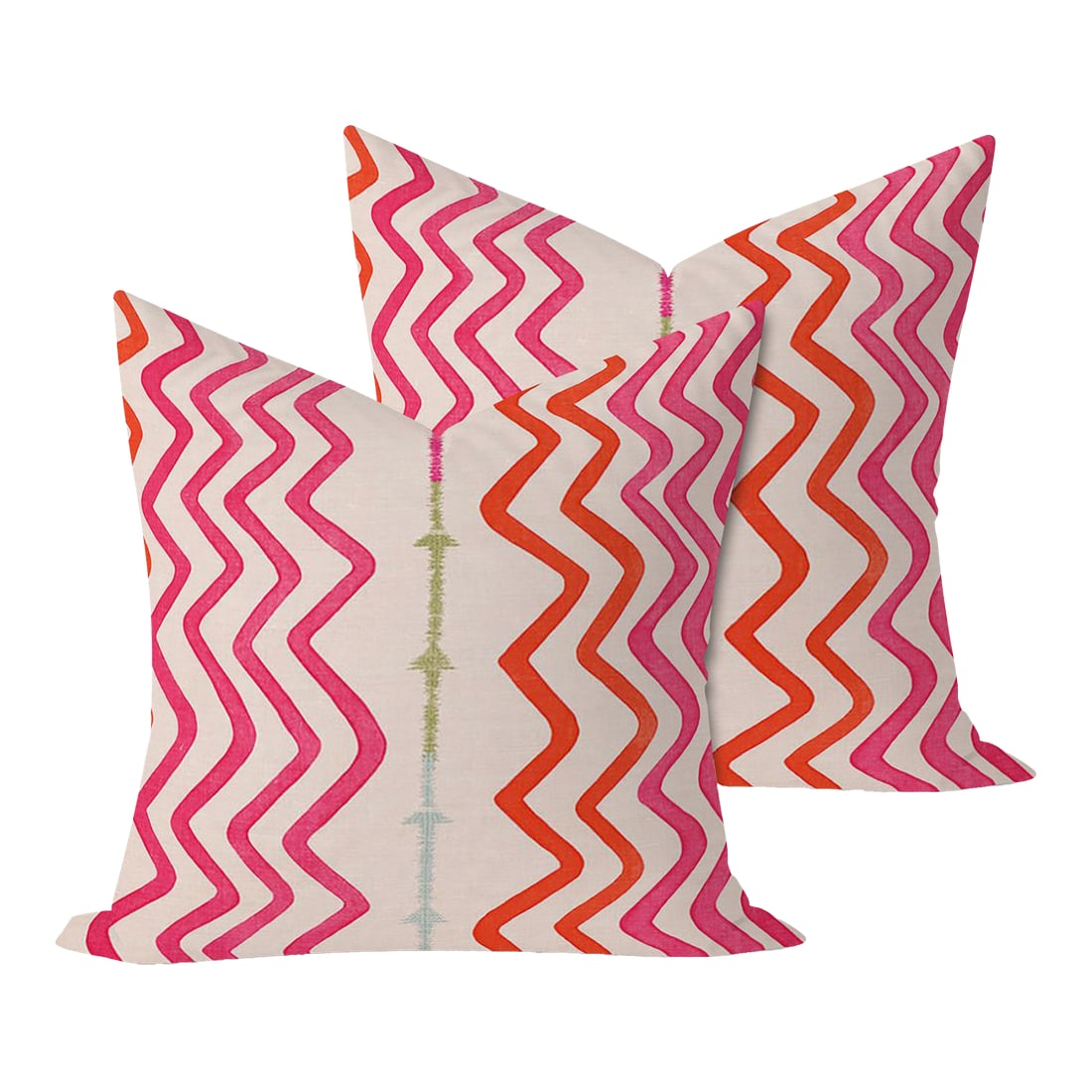 Christopher Farr Rick Rack in Hot Pink 22" Pillows - A Pair: Pair of handcrafted pillows fashioned with Christopher Farr Rick Rack in Hot Pink fabric on the front and backed with flax-colored linen. Meticulously crafted with serged interior seams, invisible