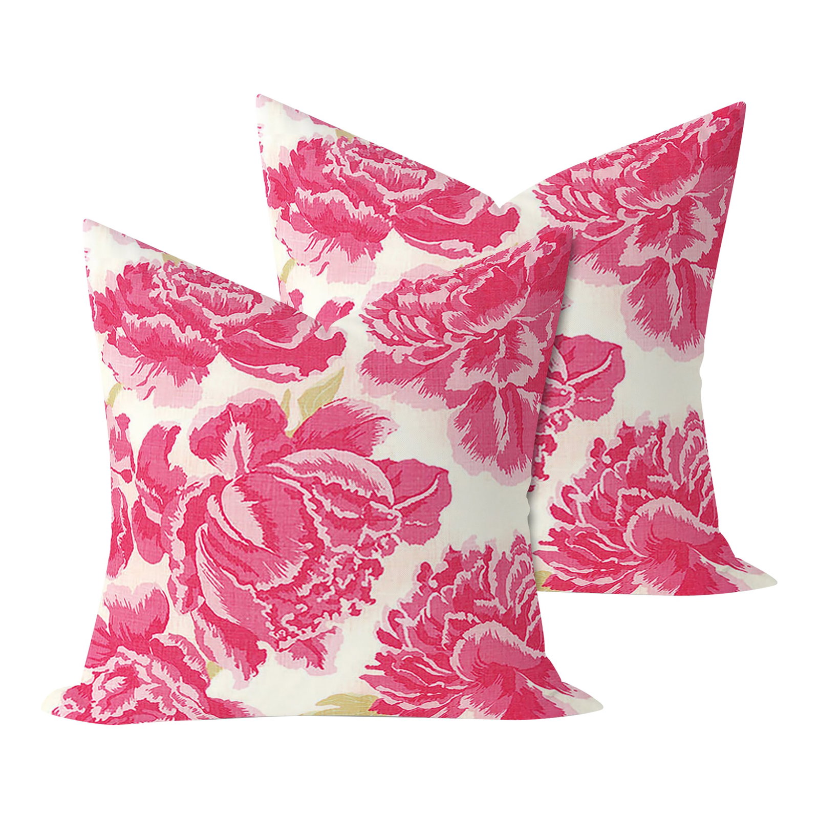 Christopher Farr Peonies in Hot Pink 22" Pillows - A Pair: Pair of handcrafted pillows fashioned with Christopher Farr Peonies in Hot Pink fabric on the front and backed in flax-colored linen. Meticulously crafted with serged interior seams, invisible zipper