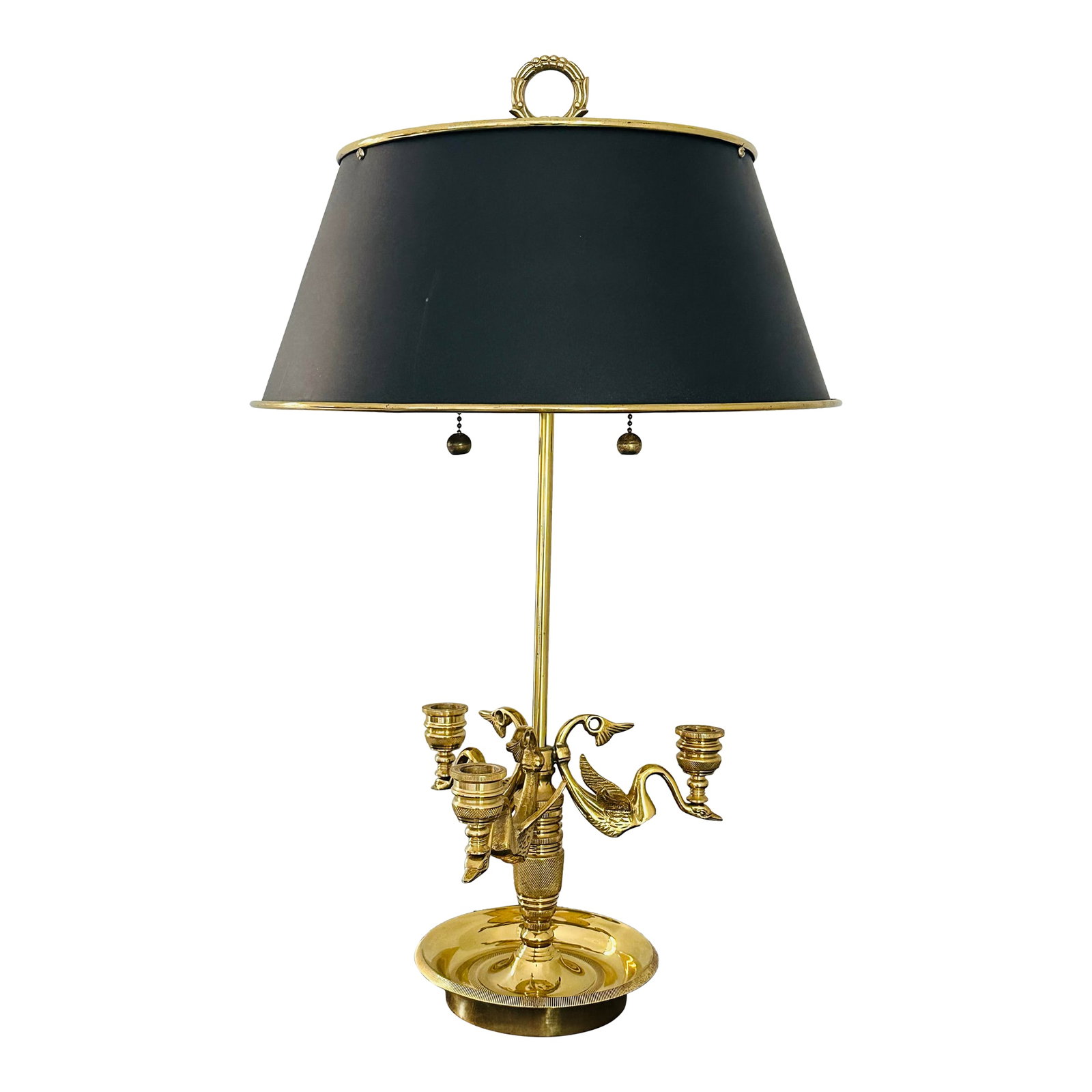 French Empire Louis XVI Style Bouillotte Lamp Brass With Black Tole Shade: Elegant French Louis XVI style bouillotte lamp. The black metal shade has a wonderful brass interior making for just a wonderful bit of bling. This lamp will make a statement anywhere you put it.