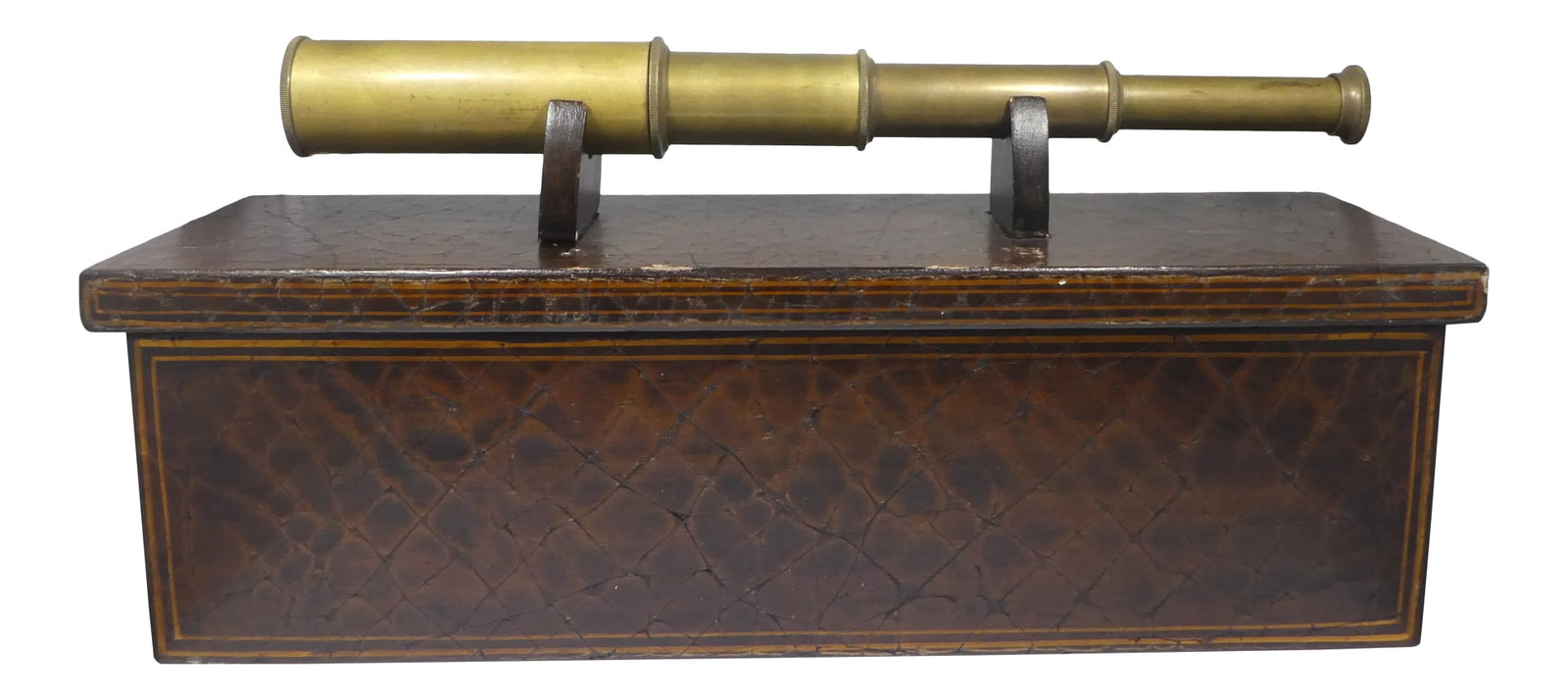 Sarreid Ltd Casket Box With Brass Telescope: Large Sarreid Ltd Casket Box With Brass Telescope, Chic Table Fare. Minimal wear to the wood finish. Condition: Alterations: Original Condition Unaltered Imperfections: Some Imperfections Condition