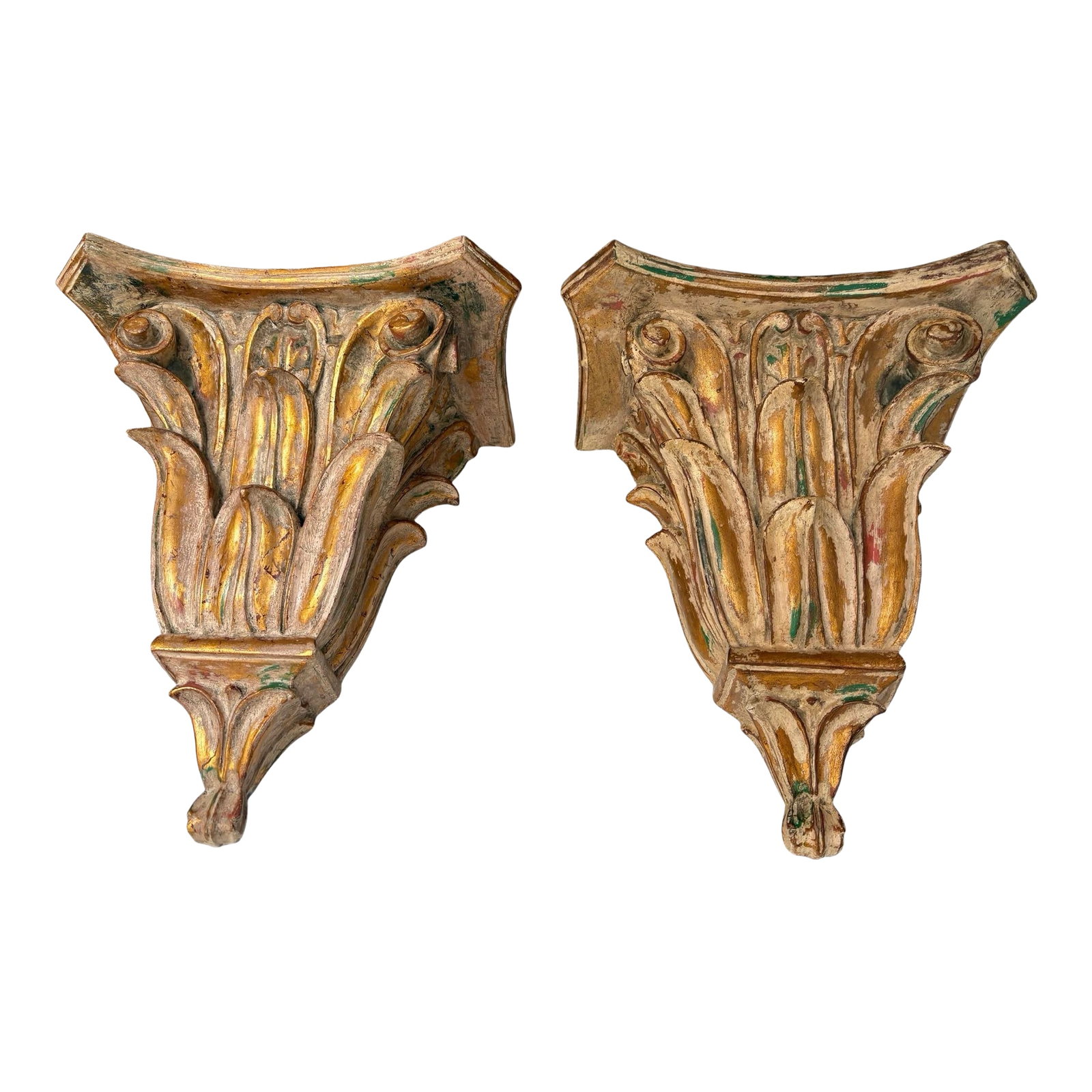 Large Regency Gilded Wall Brackets/ Shelves - a Pair: Large Giltwood wall brackets Large pair of decorative wall brackets. Gilded composite made brackets with hints of green, red and white adorned on the pieces as accents. The tops of the shelves have a 