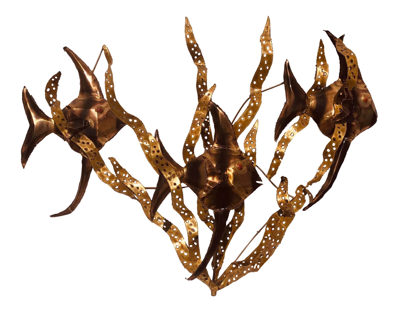 Mid Century Modern Metal Wall Art Fish & Seaweed: Metal wall art of three fish in underwater reeds, large, burnished brass, dramatic, no signature. Condition: Alterations: Original Condition Unaltered Imperfections: Some Imperfections Condition