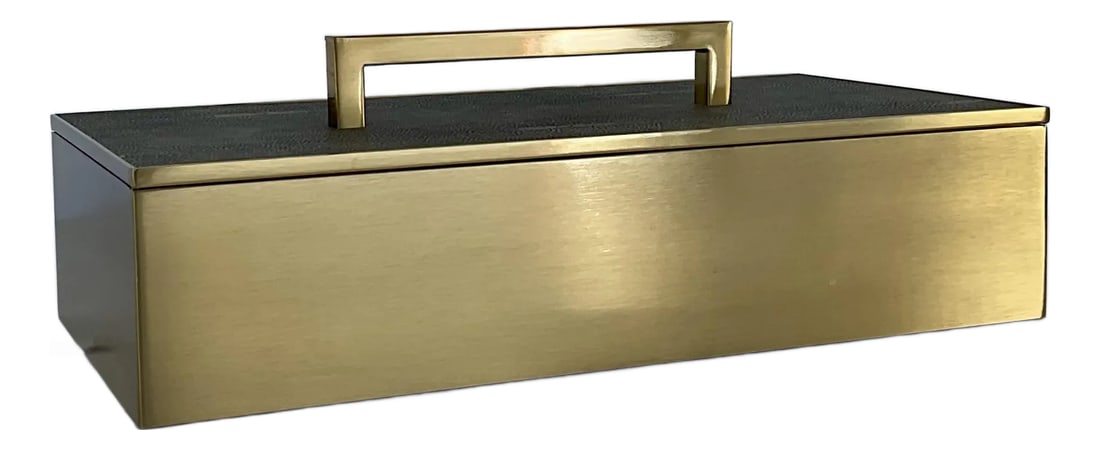 Modern Faux Gray Shagreen and Brass Decorative Box: Timeless Modern Faux Gray Shagreen and Brass Decorative Box, showroom floor sample Condition: Imperfections: Some Imperfections Condition Notes: Showroom floor sample, not brand new from a box but nev