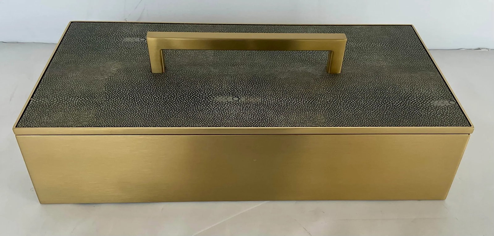 Modern Faux Gray Shagreen and Brass Decorative Box - 2
