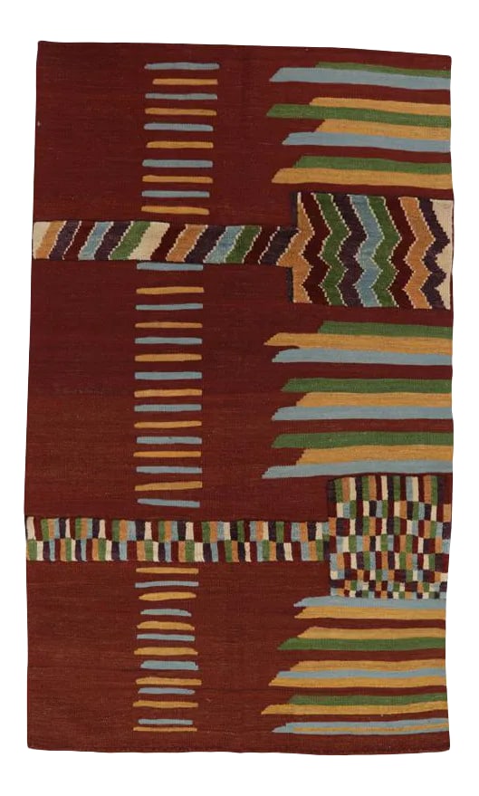 Handwoven Scandinavian Style Persian Kilim Area Rug - 3'9" * 6'3'': This bewitchingly beautiful example of a tribal Kilim area rug features a contemporary pop of electrifying bright colors in a playful mixed-weave design. The creative modern twist of a knotted-pile ac