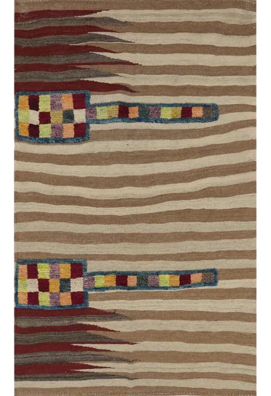 Handwoven Scandinavian Style Persian Kilim Area Rug - 3'4 * 5'6'': This bewitchingly beautiful example of a tribal Kilim area rug features a contemporary pop of electrifying bright colors in a playful mixed-weave design. The creative modern twist of a knotted-pile
