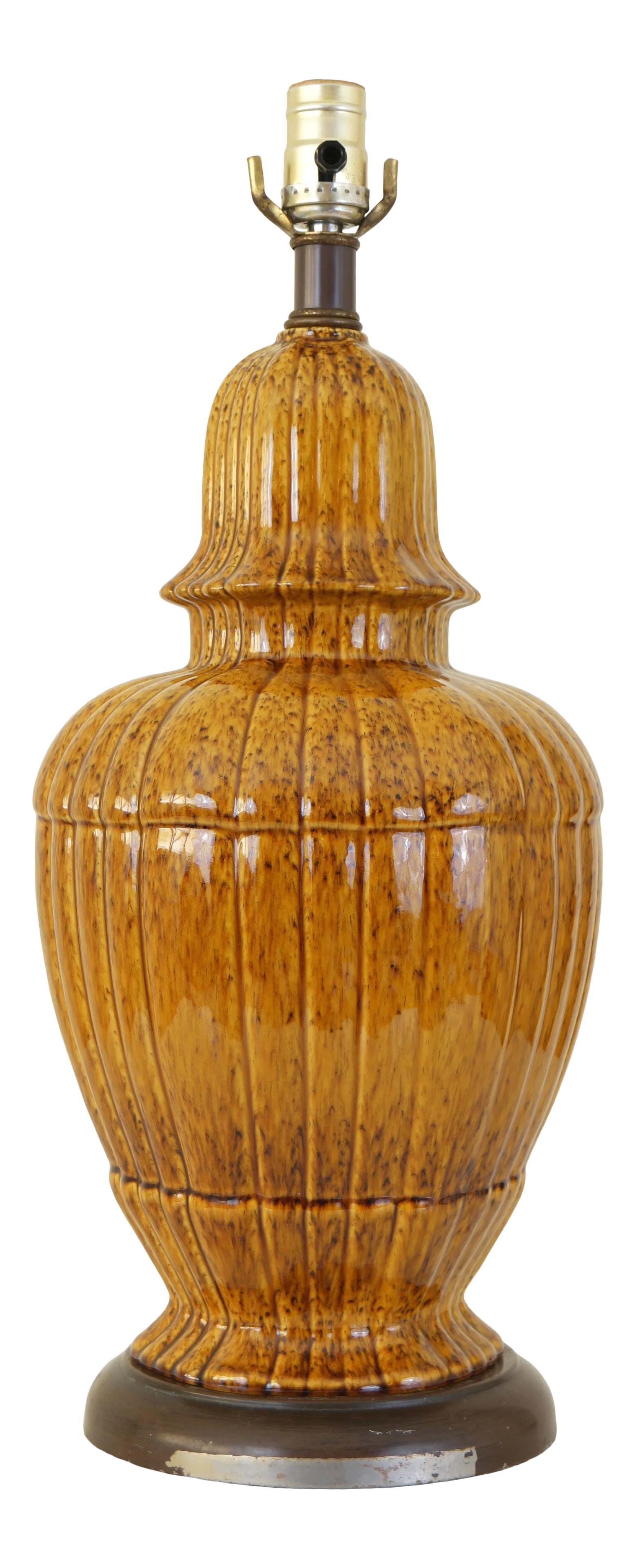 Mid-Century Modern Mustard Yellow Ceramic Table Lamp: This handsome glazed ceramic table lamp from the 1960's is a shining example of Mid-Century Modern style. The condition is great, with the main ceramic body being free from cracks, chips, or