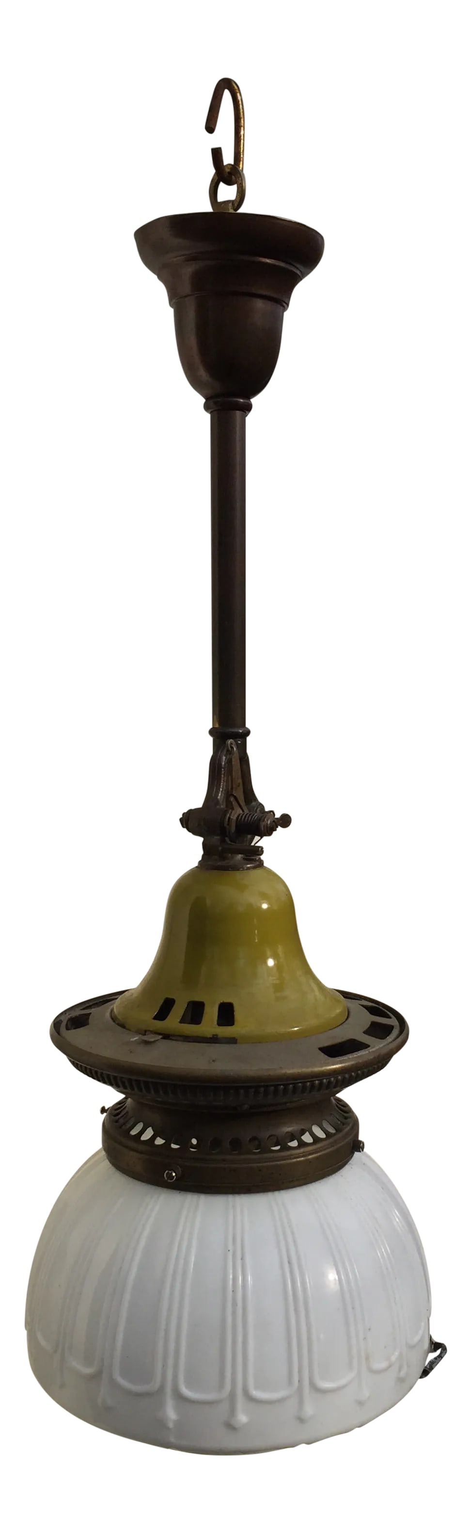 Vintage Industrial Gas Fixture With Shade: Old Lights On is pleased to offer this unusual vintage industrial gas fixture with shade. The enameled green finish is in excellent condition. Fully restored and ready to install. Looks great over a