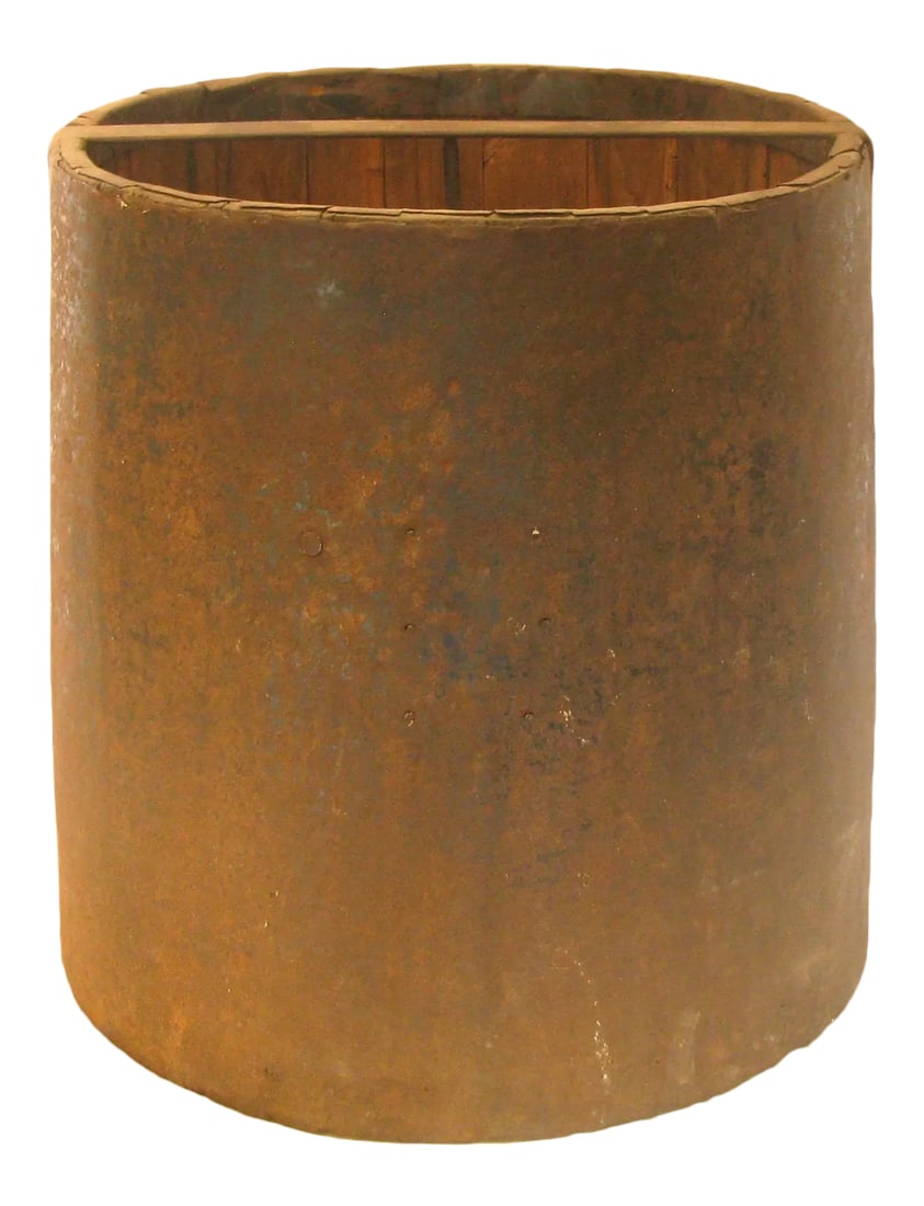 Antique French Wood & Metal Grain Measure Bucket: Rustic antique French grain measure from the late 19th or early 20th century. Sourced through a to-the-trade importer of European antiques. Generously proportioned (14.75"Dia. at base x 14.5"H); wood