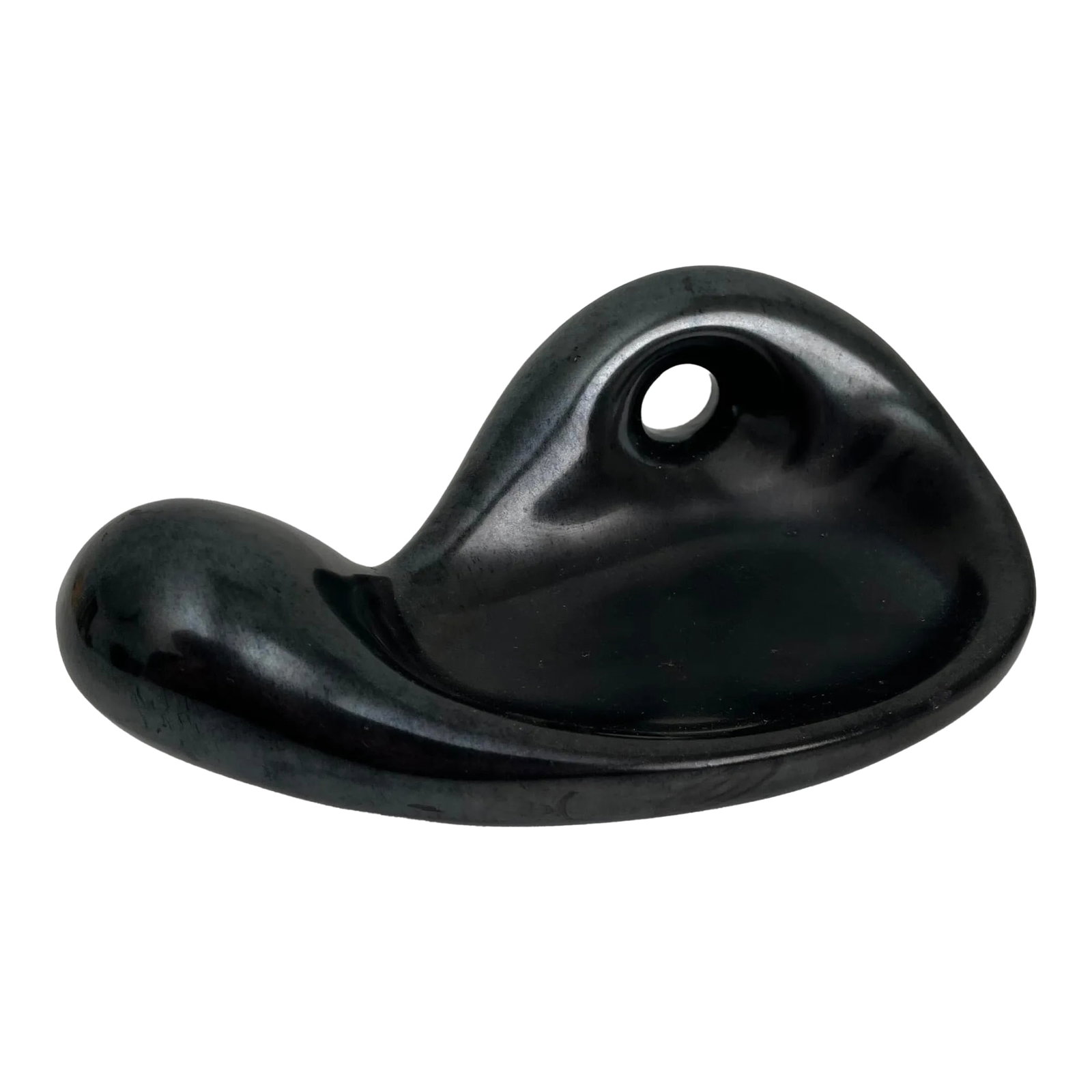 Biomorphic Black Bowl in the Style of George Juve: 1960s freeform biomorphic sculptural accent dish in the style of French modernist ceramics creator Geoges Jouve. Finished in a black glaze with a slight sheen. Small in scale, measuring 7" x 4.5", an