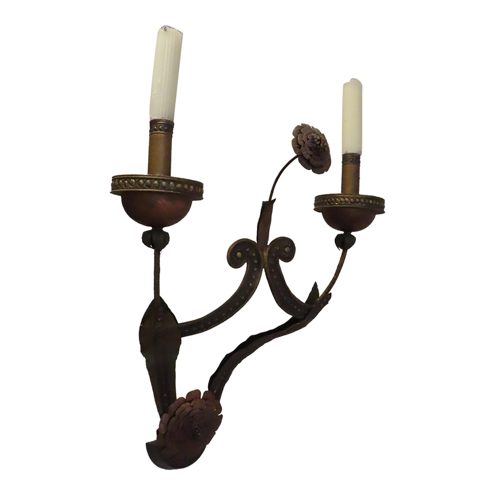 Pair of Antique Italian Renaissance Candle & Rose Sconces: Twin candles with a metal rose in the middle sconce. Styled in an Italian renaissance method of metal working. Fun and unique design, comes off of the wall quite a ways and appears to be floating