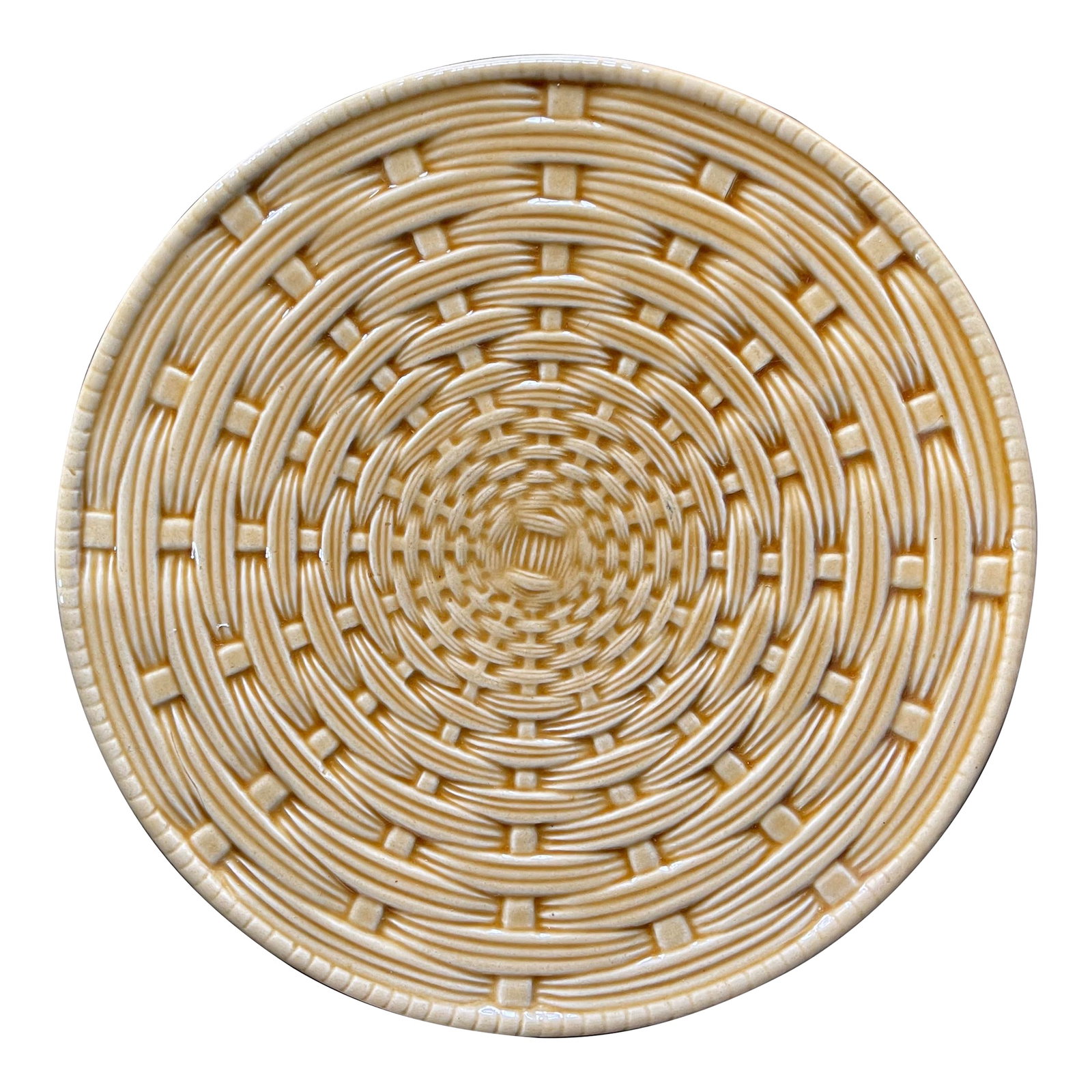 1930s French Yellow Majolica Trivet, Signed Sarreguemines: French Yellow Majolica Trivet signed Sarreguemines Circa 1930, stunning peace to use today, it presents as a flattened, woven basket, in the ceramic you can see the weaving of the basket, it is a