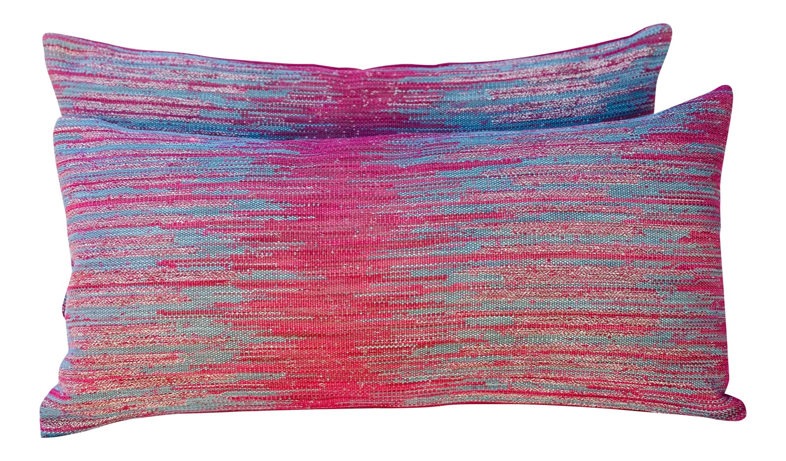 Woven Lumbar Pillows - a Pair: An incredibally beautiful woven fabric that has weight to it, yet is soft to the hand. A flamed pattern of cranberry red, denim blue with a metallic silver thread running thru to give a shimmer of
