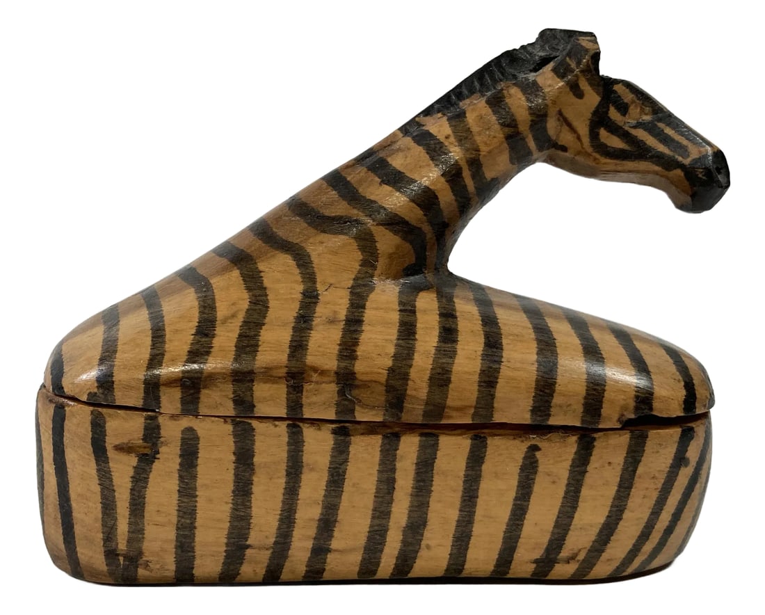 Vintage Hand-Carved Zebra Lidded Trinket Box: Interesting vintage hand-carved wooden zebra trinket box. Features lovely hand-painted detail. Wonderful vintage condition. Condition: Alterations: Original Condition Unaltered Imperfections: Some Imp