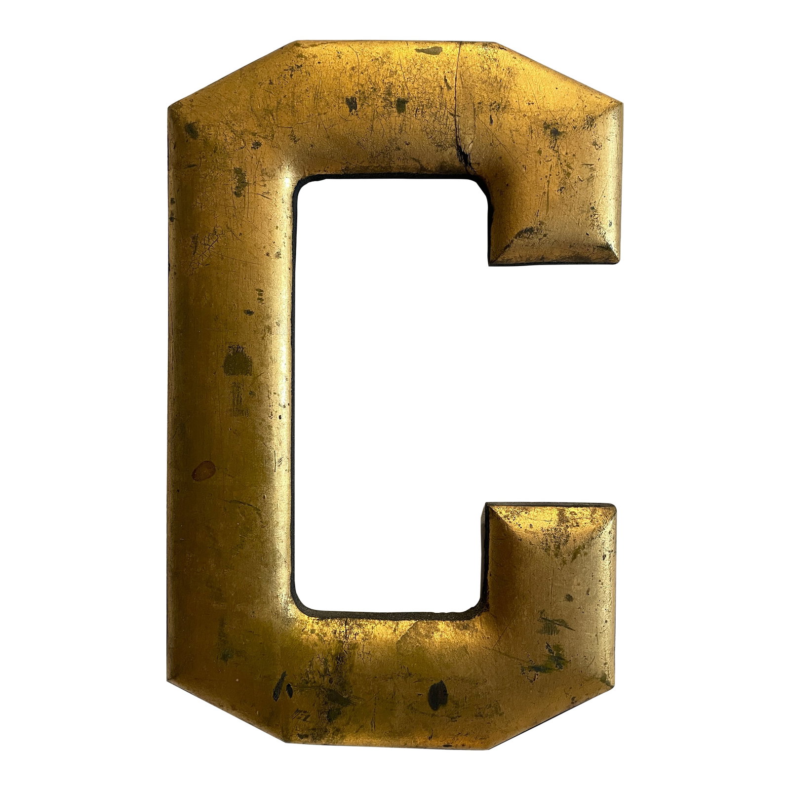 Antique Giltwood Letter C: 19th century gilt letter C from a storefront. Hangin wire on the back. Condition: Alterations: Original Condition Unaltered Imperfections: Some Imperfections Condition Notes: Old repair upper right.