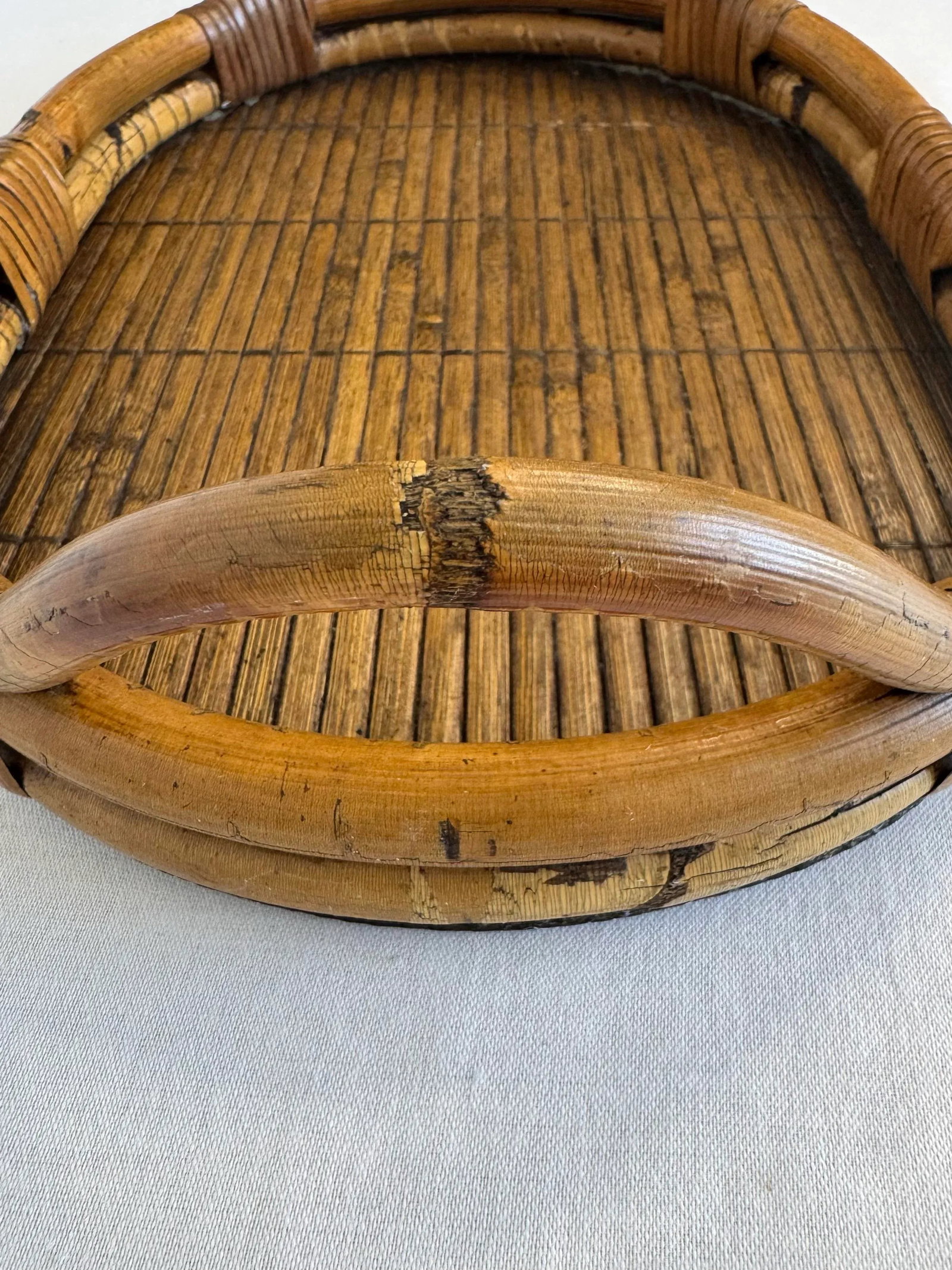 Vintage Coastal Bamboo & Pencil Reed Rattan Double Handle Serving Tray in the Style of Gabriella Cre - 11