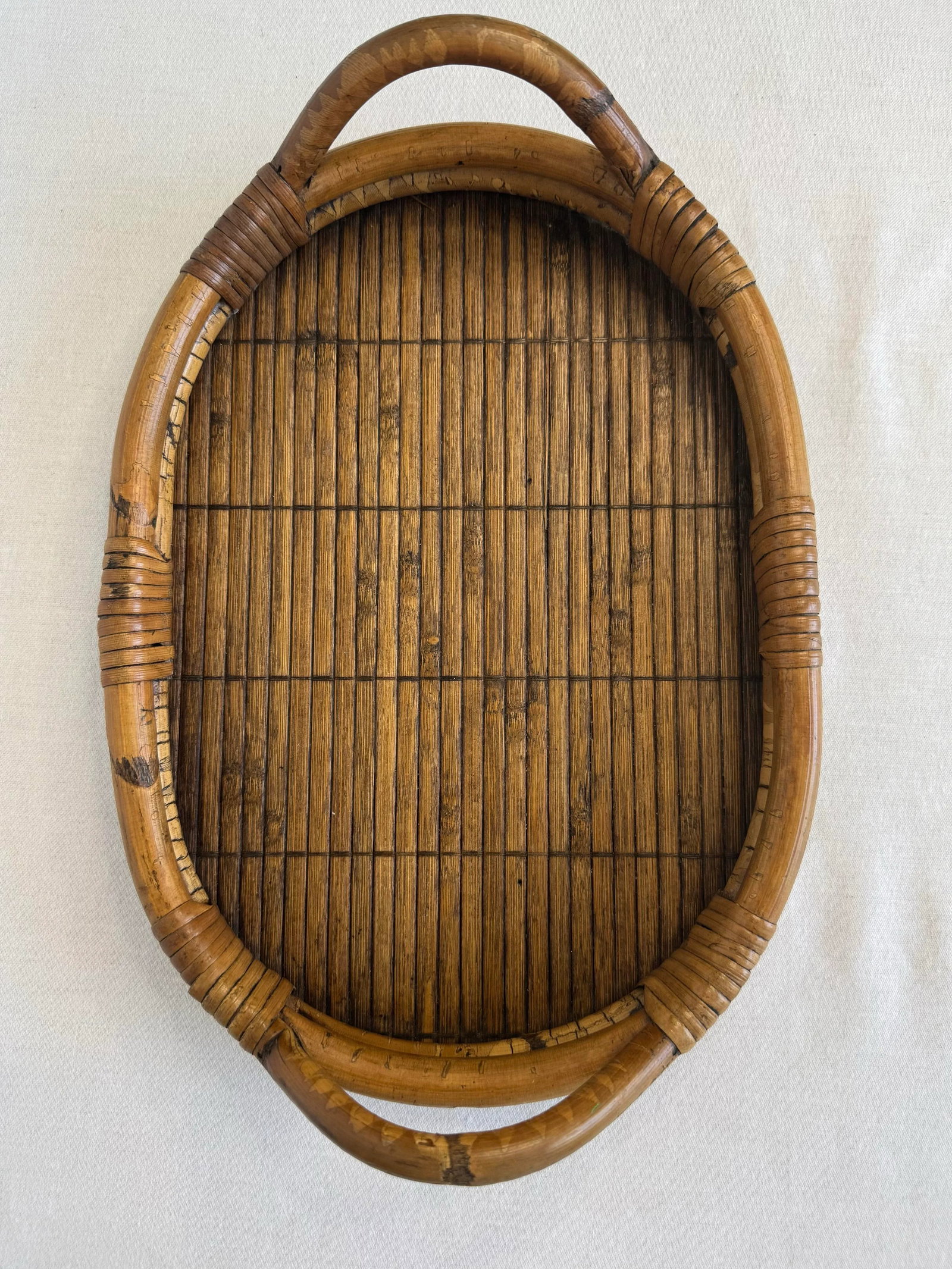 Vintage Coastal Bamboo & Pencil Reed Rattan Double Handle Serving Tray in the Style of Gabriella Cre - 5