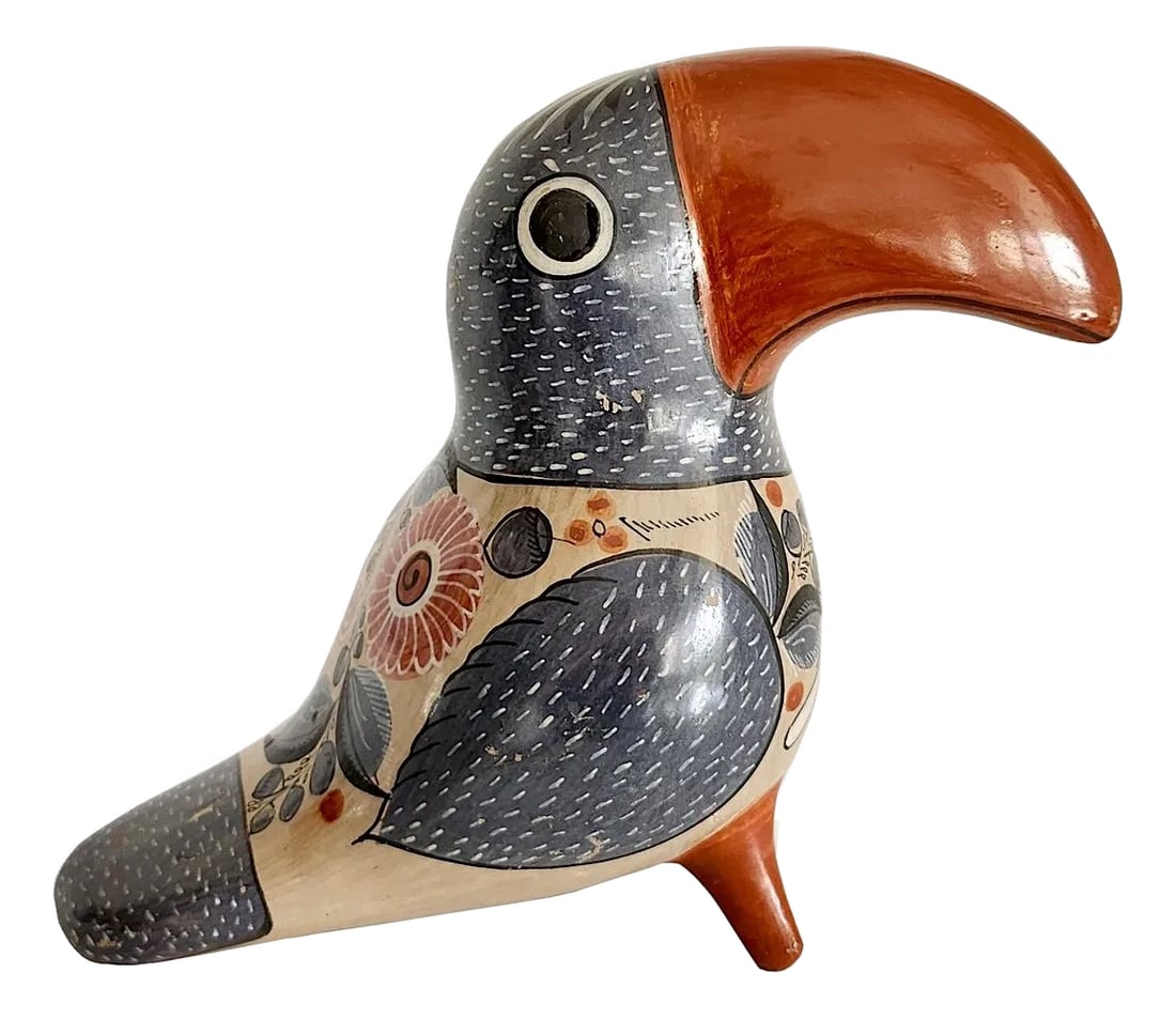 1960s Large Tonala Mexico Ceramic Toucan Figurine, Artisan Signed: Offered is a large hand-painted and burnished glaze vintage 1960s toucan figurine made in Tonala, Jalisco Mexico, a province renowned for its earth-tone clay and for all the pottery and ceramic art cr