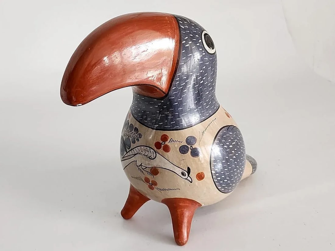 1960s Large Tonala Mexico Ceramic Toucan Figurine, Artisan Signed - 5