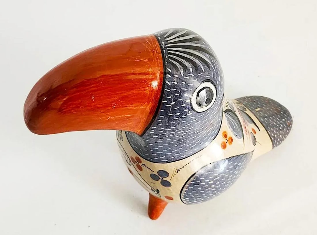 1960s Large Tonala Mexico Ceramic Toucan Figurine, Artisan Signed - 9