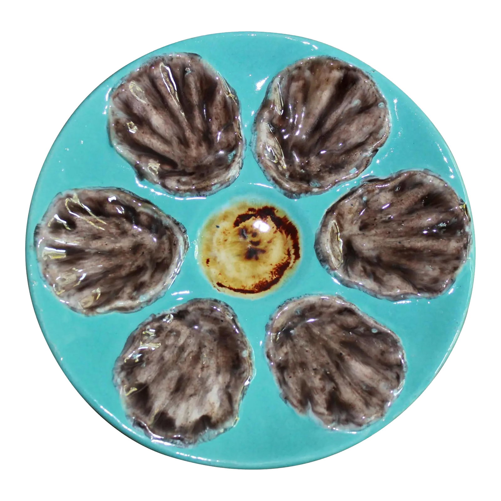 Mid Century French Faience Aqua Blue Turquoise Ceramic Oyster Plate: A stunning French turquoise blue faience ceramic oyster plate, circa 1940s. Condition: Alterations: Original Condition Unaltered Imperfections: Some Imperfections Condition Notes: Excellent Condition