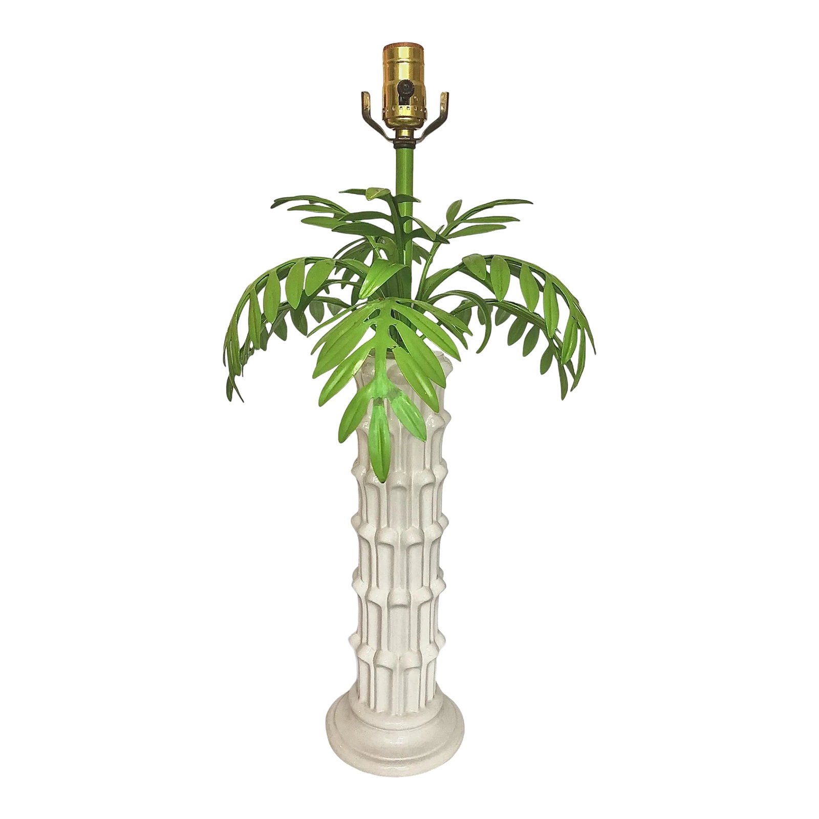 1960s Italian Tole Palm Frond Lamp With Serge Roche Style Base: This rare, one-of-a-kind 1960s Italian tole palm table lamp boasts a stunning glazed ceramic base, reminiscent of the iconic designs by Serge Roche, a renowned French designer of the era. The glazed