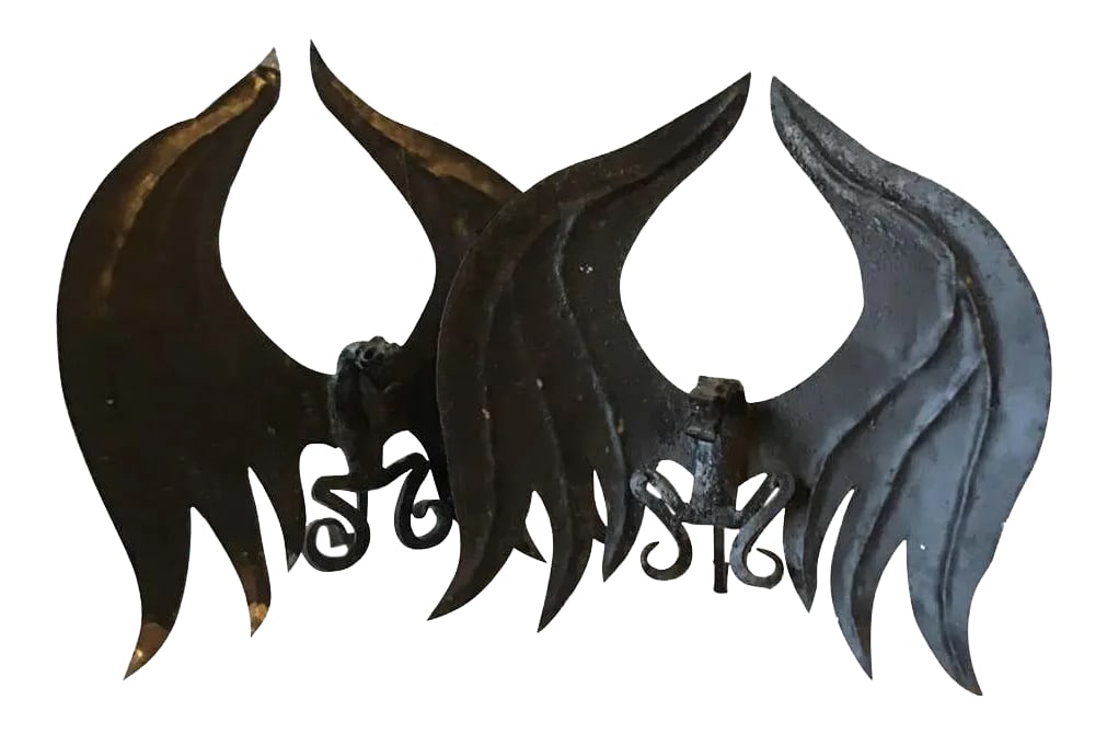 1920s Handmade Dragon Andirons: 1920s handmade iron and tin dragon andirons. Condition: Alterations: Unknown Imperfections: Some Imperfections Condition Notes: Good condition. Wear consistent with age and use. Some minor paint loss