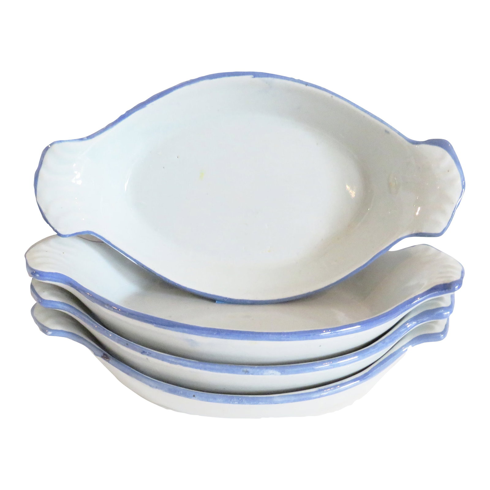 French Style Blue & Light Gray Pottery Au Gratin Dishes, Set of 4: Lovely set of 4 blue & grayish white au gratin dishes; perfect for serving sides such as potatoes, asparagus, salads, crudites, etc. Fabricated of a bluish/gray-toned white glazed pottery with hand-pa