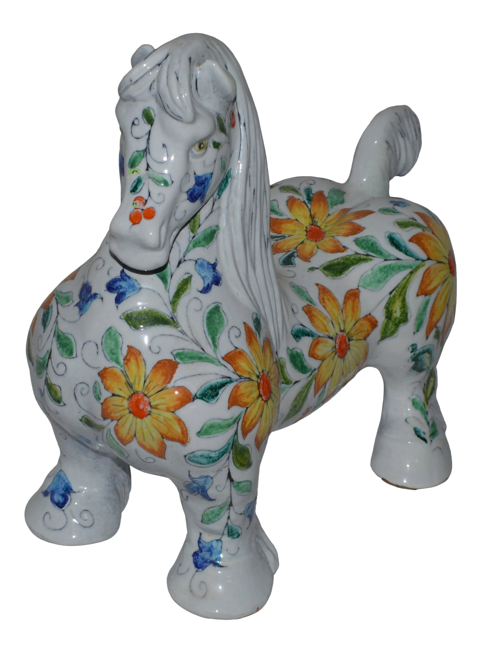 1960s Raymor Mancioli Incised Floral Italian Extra Large Pottery Horse Pugi Sculpture 18": Raymor Mancioli Incised Floral Italian Extra Large Pottery Horse Pugi Sculpture 18" circa 1960s. The horse is used in excellent condition, however may contain some faint surface scratches. There are