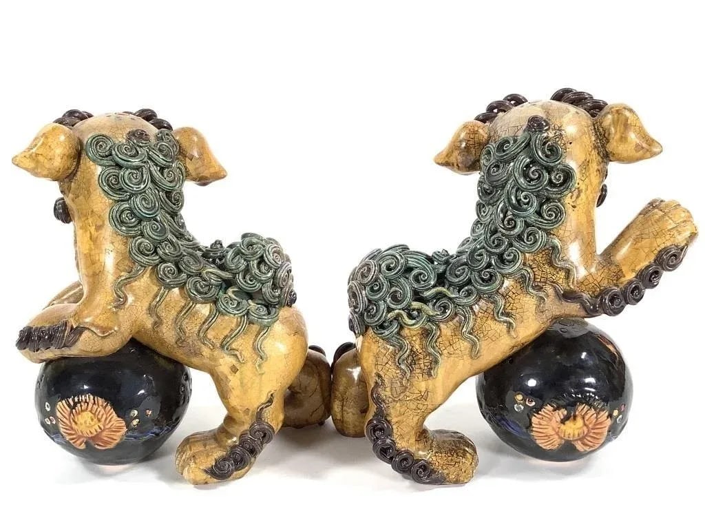 Pair of Mid-Century Chinese Ceramic Polychrome Foo Dog Figurine - 2