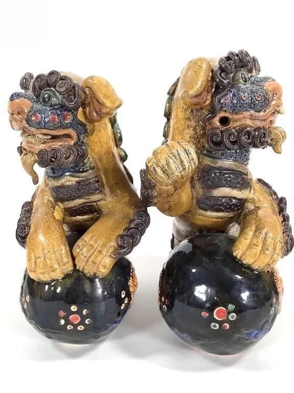 Pair of Mid-Century Chinese Ceramic Polychrome Foo Dog Figurine - 3