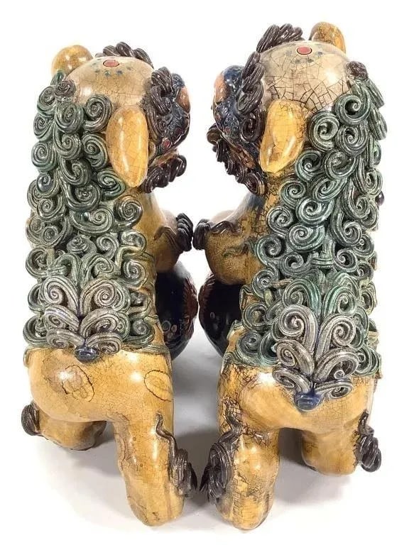 Pair of Mid-Century Chinese Ceramic Polychrome Foo Dog Figurine - 4