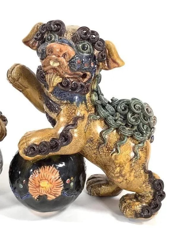 Pair of Mid-Century Chinese Ceramic Polychrome Foo Dog Figurine - 6