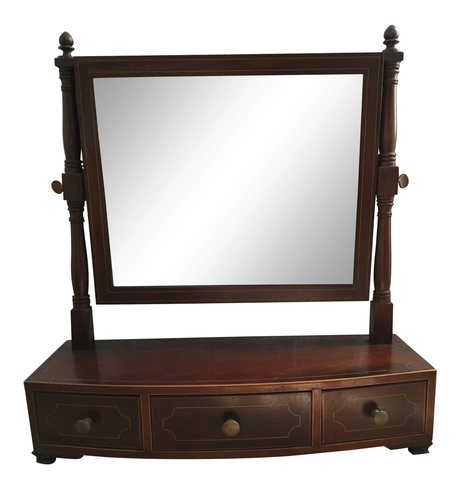 1800-1810 Antique Federal Mahogany Bow Front Dressing Glass: This is an antique mahogany bowfront dressing glass (period term) made in England between 1800-1810 as a lady or gentleman's dressing table mirror. Mahogany is the primary wood with pine its