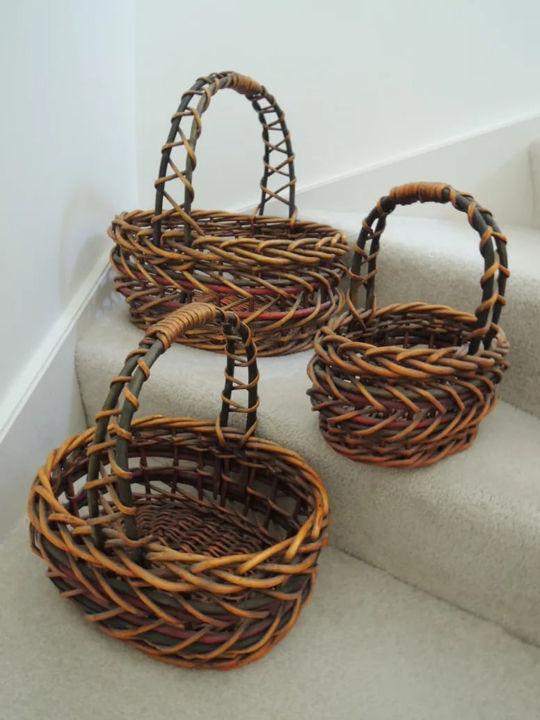Late 20th Century Basket Thick Woven Wood Nesting Baskets With Carrying Handles - Set of 3 - 13