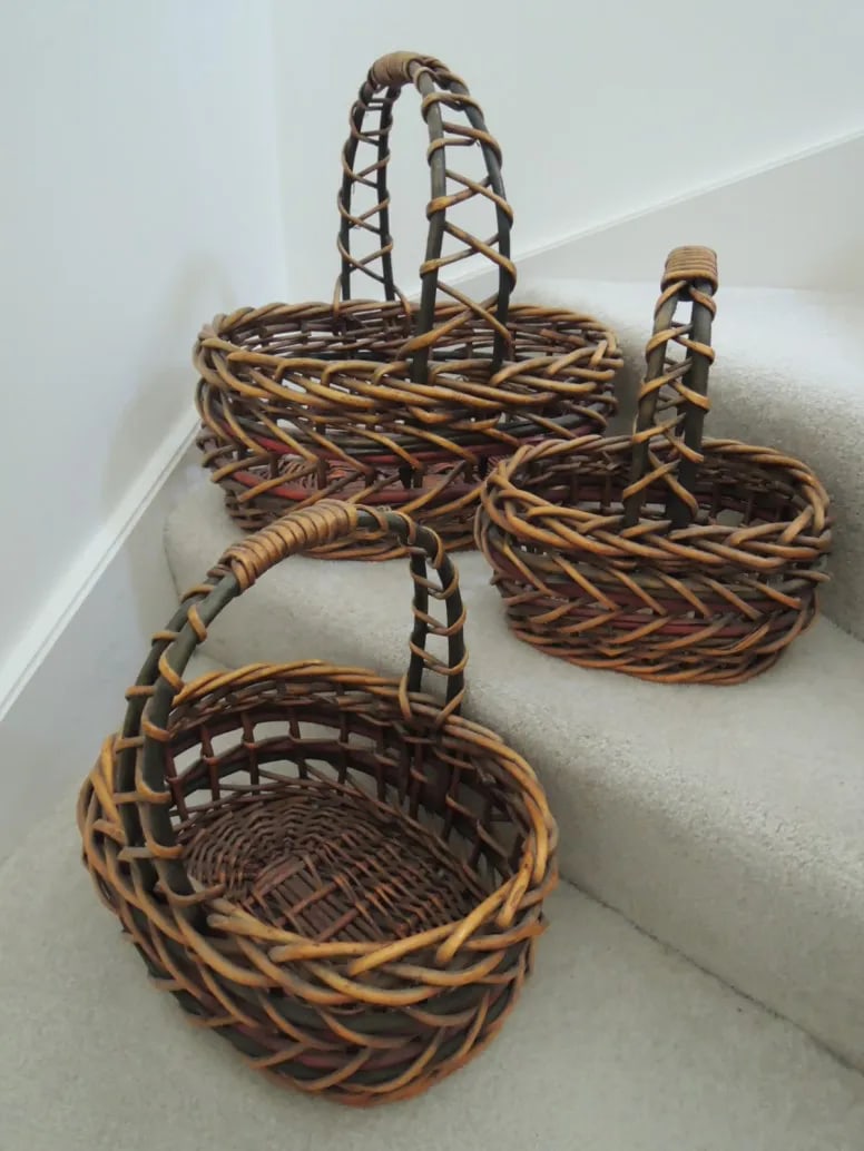 Late 20th Century Basket Thick Woven Wood Nesting Baskets With Carrying Handles - Set of 3 - 3