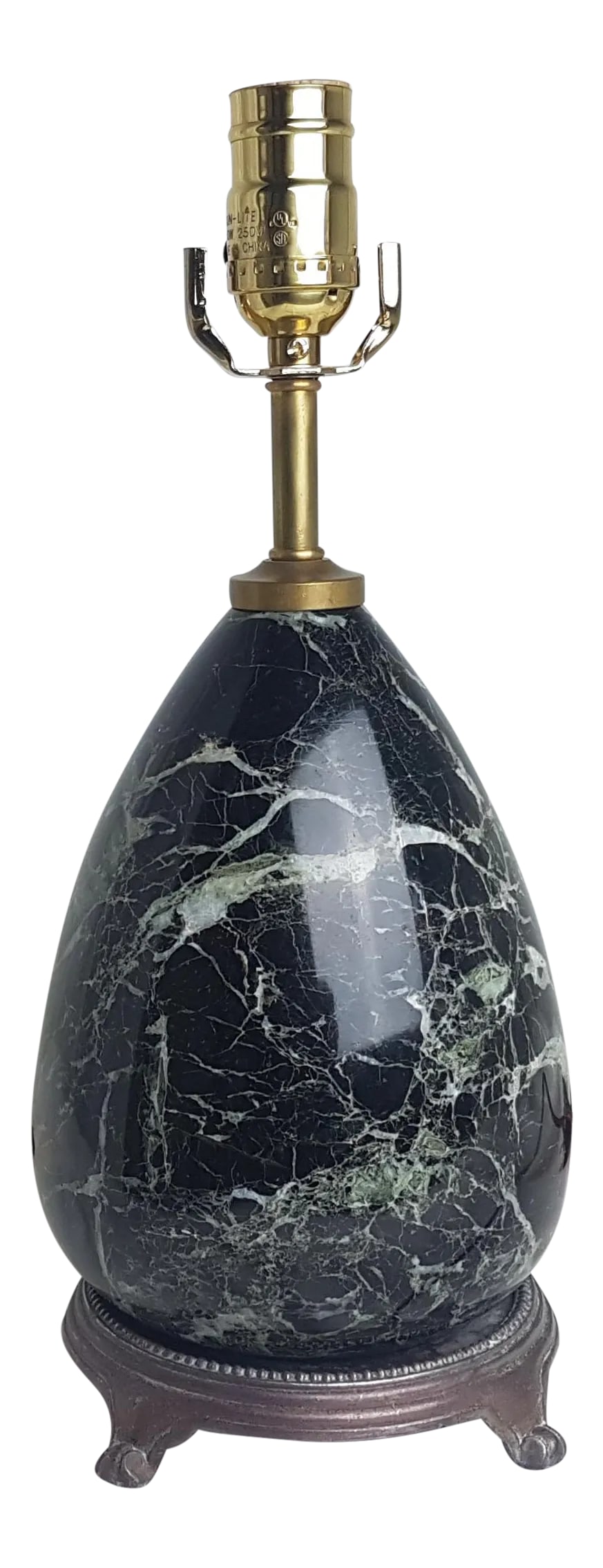 Custom Tear Drop Shaped Marble Lamp: A custom lamp made from tear drop shaped, beautifully veined, black marble. Raised on a nicely detailed metal base. These vintage elements were recently married to create this lamp. We anticipate a