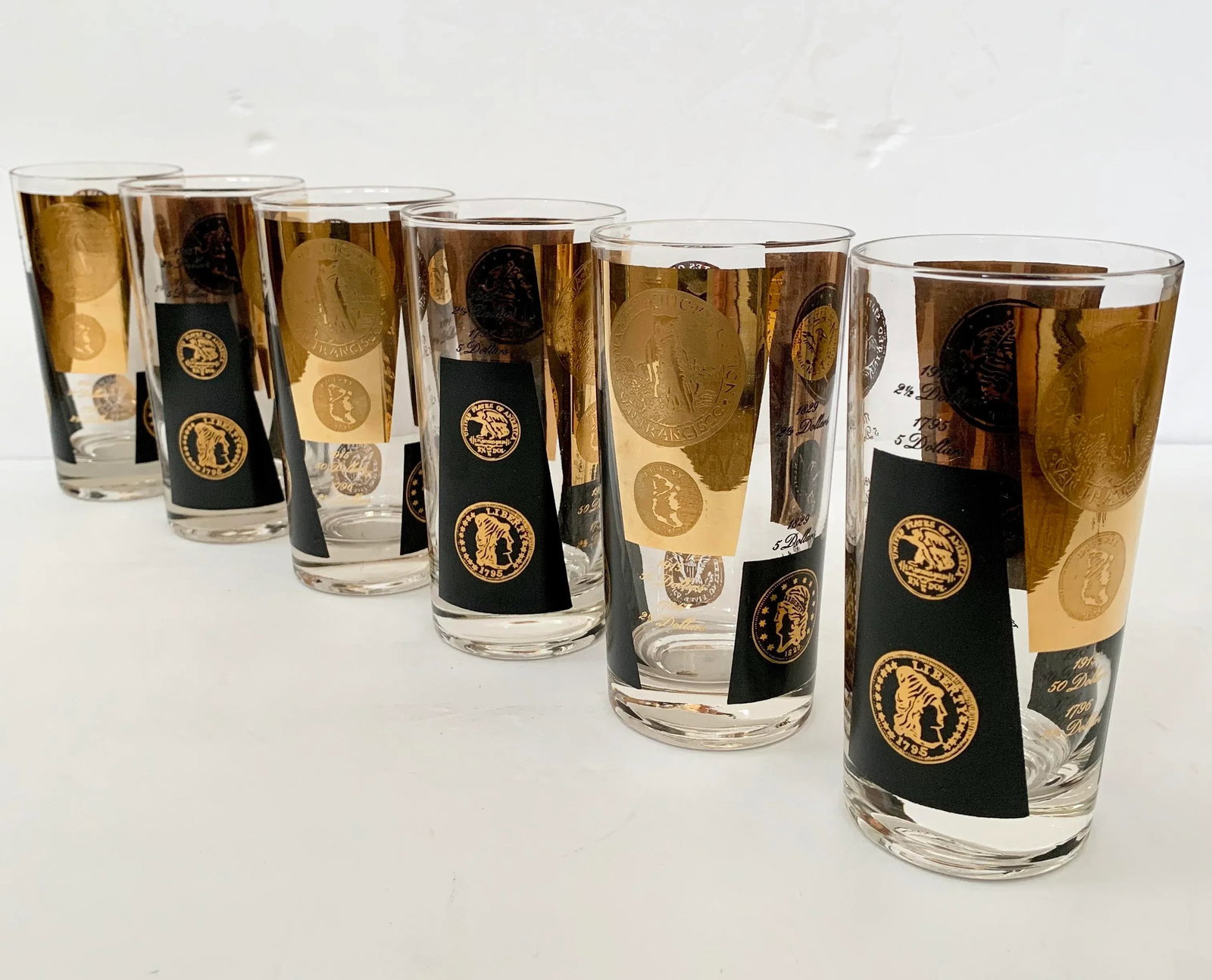 Vintage Cera Gold and Black Coin Tumblers - Set of 6 - 12