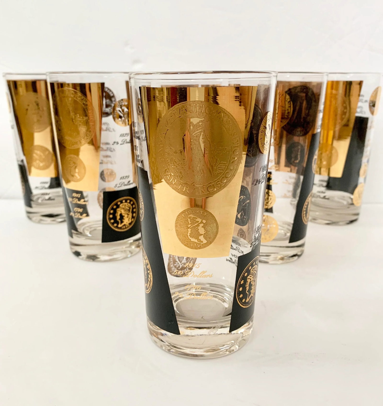 Vintage Cera Gold and Black Coin Tumblers - Set of 6 - 13