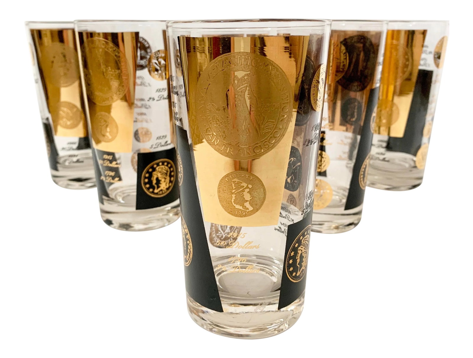 Vintage Cera Gold and Black Coin Tumblers - Set of 6: Vintage set of 6 Gold and Black glass tumblers with US coin motif. They are unmarked - but I believe they may be Cera. Condition: Alterations: Original Condition Unaltered Imperfections: Some