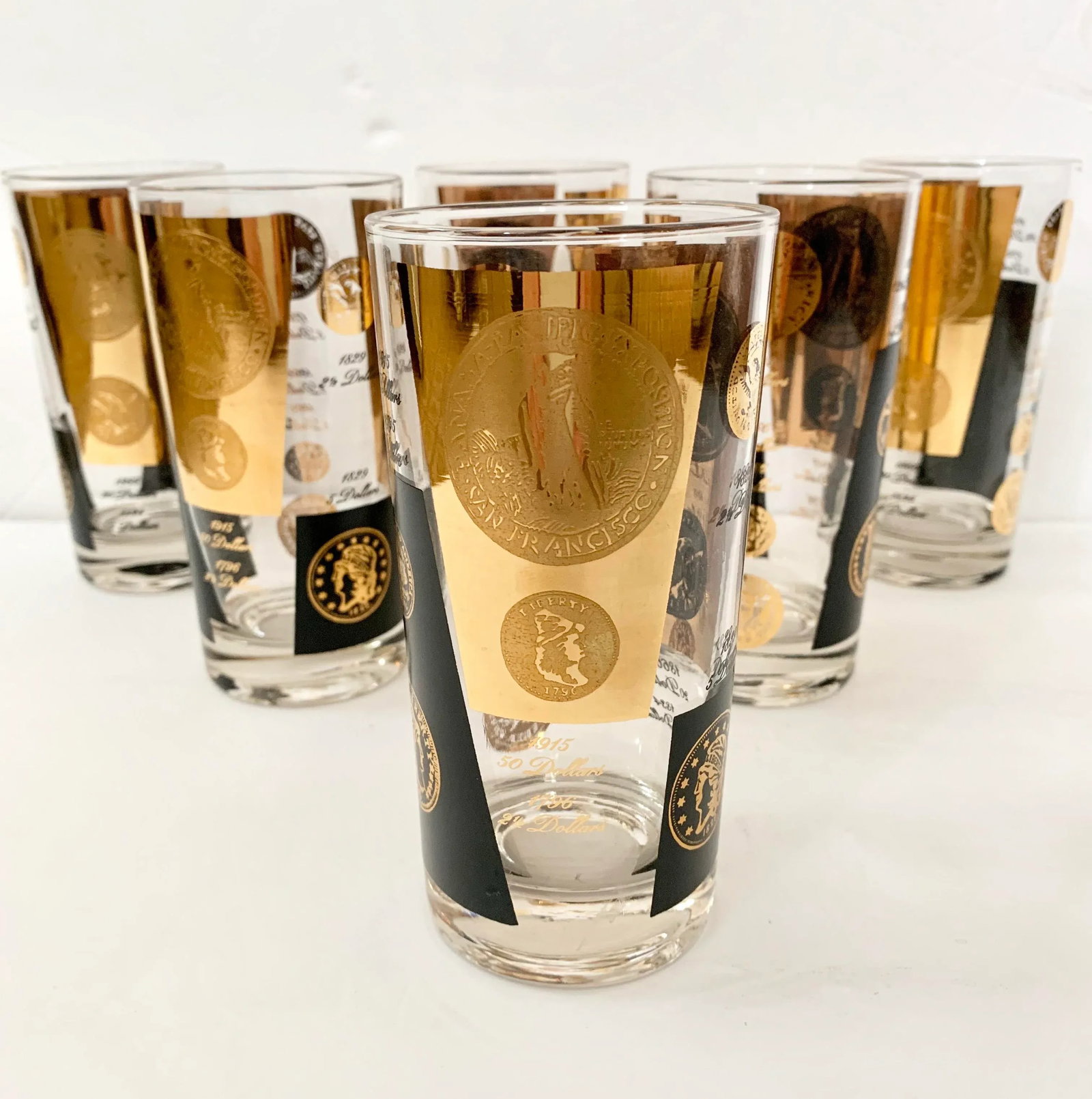 Vintage Cera Gold and Black Coin Tumblers - Set of 6 - 2