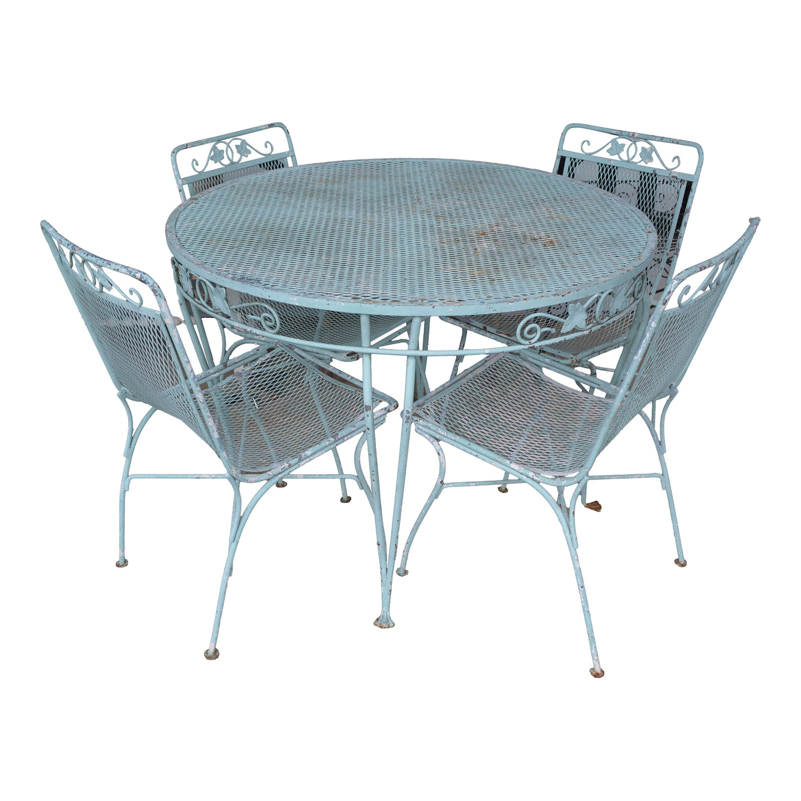 Vintage Salterini Style Ivy Wrought Iron Aqua Blue Round Patio Table & 4 Chairs Set: This Salterini Ivy patio set is in good, solid condition. It has chippy aqua paint which is how I found it. Chairs are 33" high in back. Seat 16.5" high. Seat width 17". Condition: Alterations: