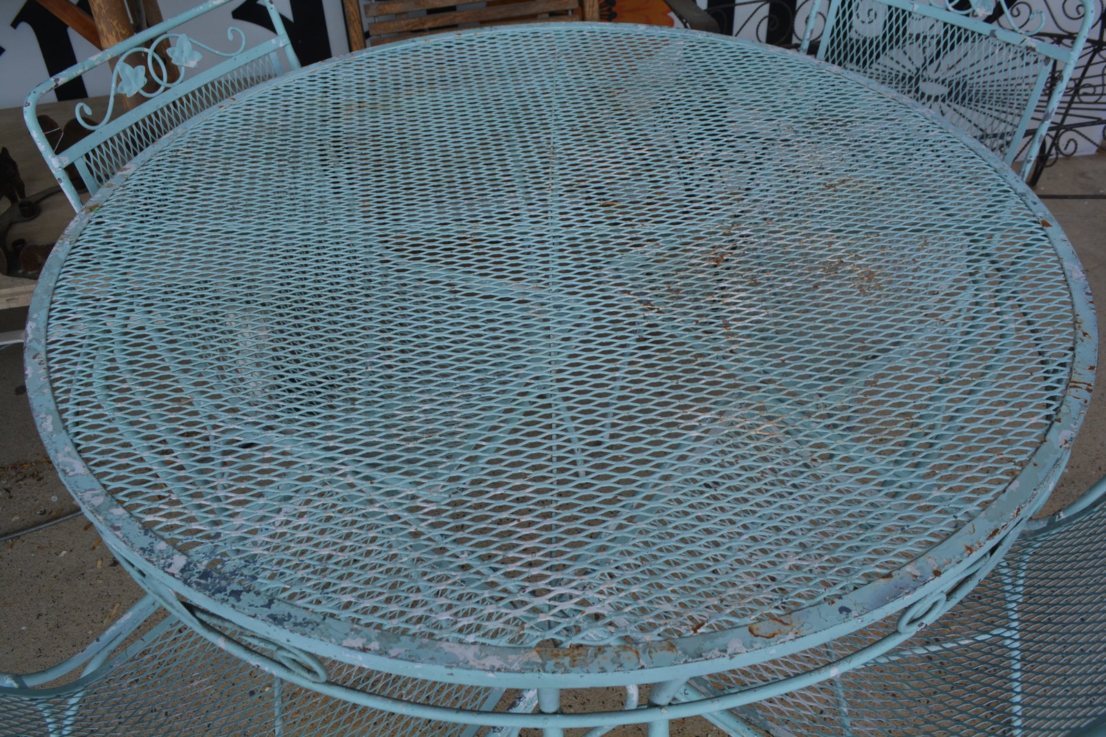 Vintage Salterini Style Ivy Wrought Iron Aqua Blue Round Patio Table & 4 Chairs Set - 2