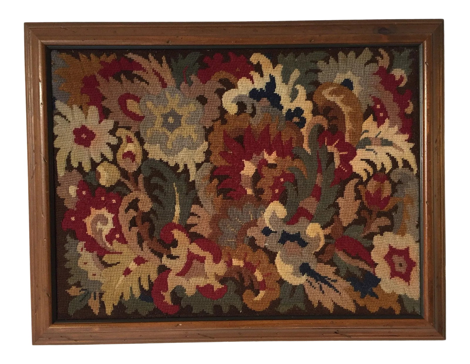 Vintage Handmade Wall Decor Floral Needlepoint: Vintage Handmade Wall Decor Floral Needlepoint, wood framed 26" X20" Minor ware. Condition: Alterations: Original Condition Unaltered Imperfections: Some Imperfections Condition Notes: Very good,