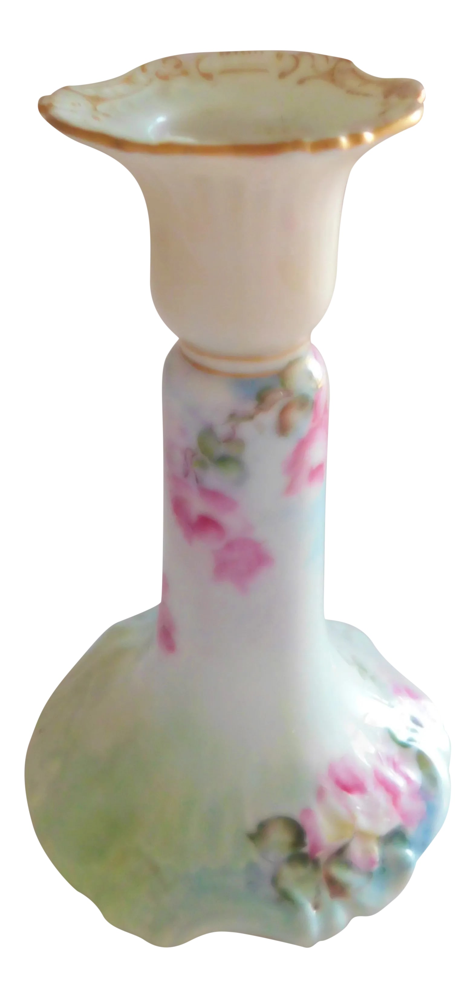 Antique Porcelain T & V France Pastel Floral Candle Holder: This beautiful pastel hand-painted porcelain antique candleholder was made in France by Tressman and Vogt and so hallmarked. This European piece would add to your table setting or to be placed anywher