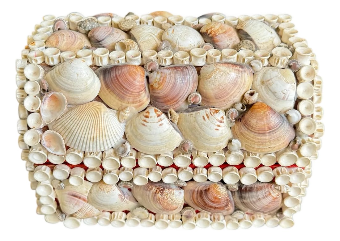 Vintage Seashell Jewelry Box Shell Encrusted Domed Trinket Box: Vintage Seashell Jewelry Box Shell Encrusted Domed Trinket Box A charm decorative box covered in shells. Looks great on your dresser or in a living room. Great at a beach house or in a coastal themed 